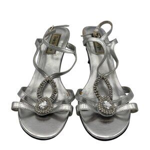 Touch Ups Womens Silver Strappy Rhinestone Embellished Heeled Sandals Size 8